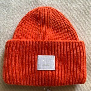 Acne Studios Pansy N Face Ribbed Knit Beanie Orange OS
